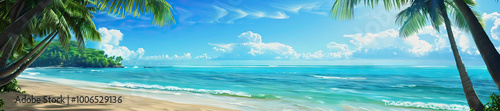 Tropical Beach: A serene tropical beach scene with palm trees swaying in the breeze, turquoise waters, and golden sands