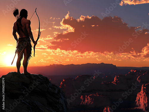 A fierce Apache warrior, standing atop a cliff with a bow drawn, surveying the rugged terrain below as the sun sets, ready to protect his land. Apache warrior surveying the land.


 photo