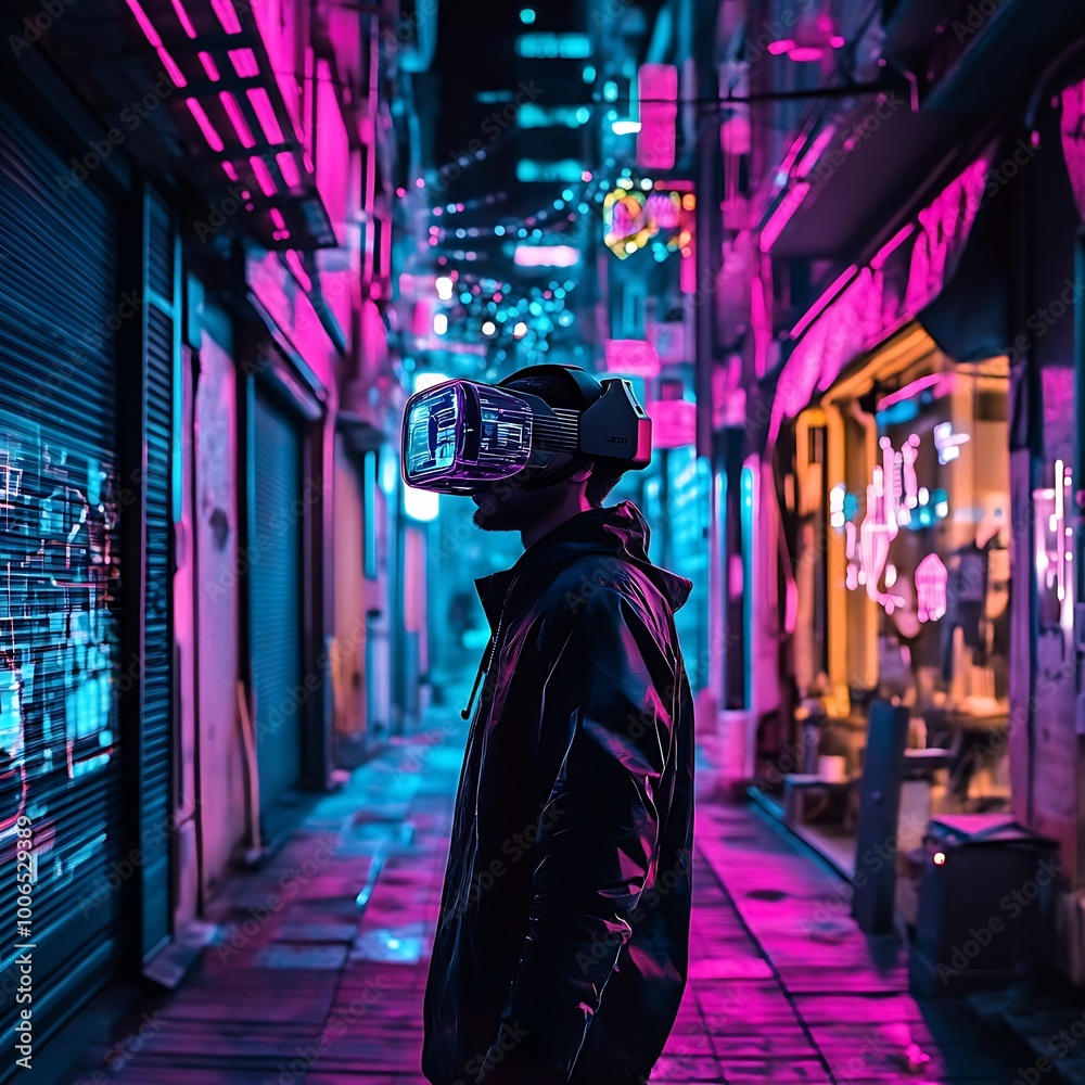 Cyberpunk hacker in neon-lit alleyway, holographic interfaces, virtual reality headset Cyberpunk hacker in neon-lit alleyway, holographic interfaces, virtual reality headset