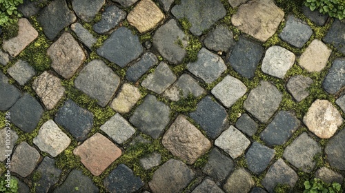 Geometric pattern of cobblestone pavement with green moss, close-up showing seamless natural growth in urban settings.