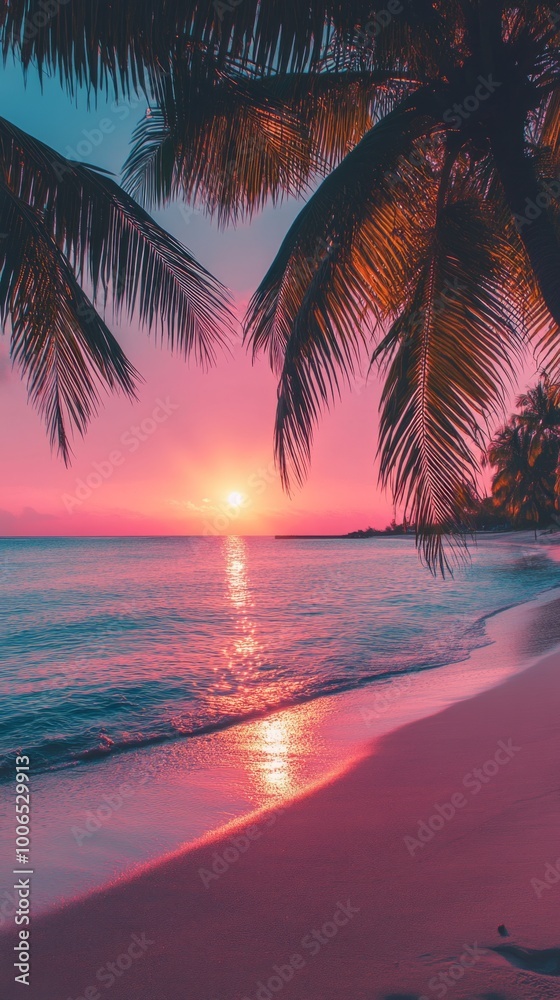 A beautiful sunset over the ocean with a palm tree in the foreground A beautiful sunset over the ocean with a palm tree in the foreground
