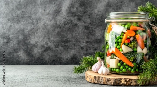 A glass jar filled with vibrant green peas and bright orange carrots is beautifully arranged on a wooden board, accented by garlic and natural greenery for a rustic feel