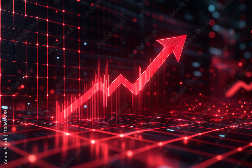 Red Upward Arrow Graph on Digital Grid Background Business Growth Data Visualization S Red Upward Arrow Graph on Digital Grid Background Business Growth Data Visualization S