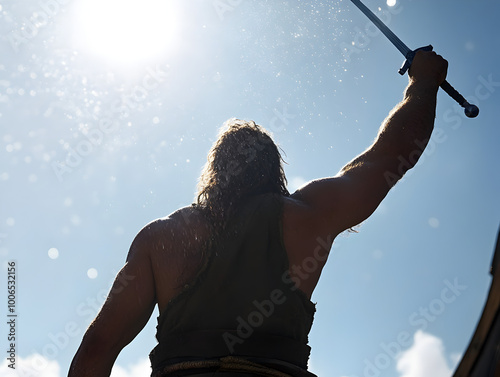 A powerful Viking chieftain, standing atop a longship with his sword raised high, the sea spray around him as he rallies his crew for an upcoming raid. Viking chieftain rallying his crew.


 photo