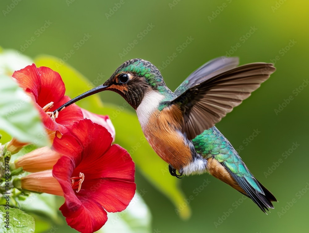 Fototapeta premium Colorful Hummingbird Feeding from Vibrant Red Flower in Tropical Garden