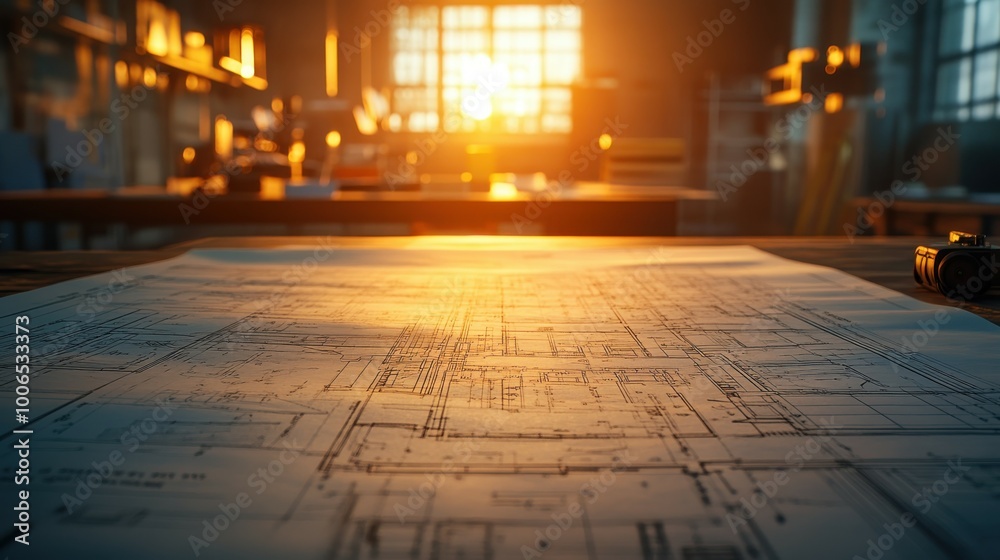 Realistic close-up of detailed blueprints and floor plans lying flat on a desk, with strong backlight creating a soft glow around the edges of the paper. The high-definition photo emphasizes the Realistic close-up of detailed blueprints and floor plans lying flat on a desk, with strong backlight creating a soft glow around the edges of the paper. The high-definition photo emphasizes the