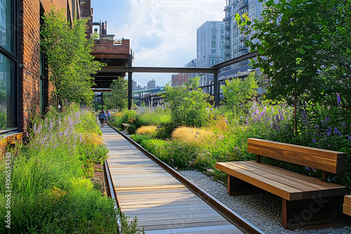 Urban park with a scenic walking path surrounded by lush greenery, flowers, and modern buildings, offering a peaceful retreat, outdoor relaxation, nature escape, and sustainable city landscape design photo