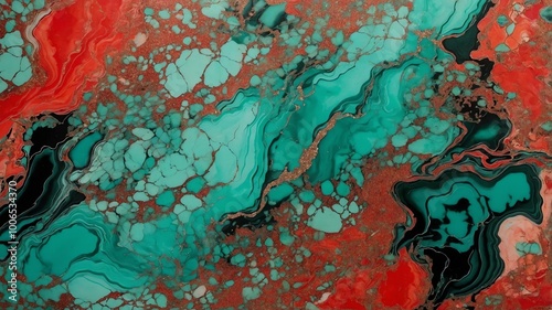 glittery seafoam green and coral red abstract pattern on a marbled background, highlighted by black lines 