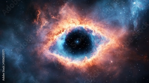 An eye shaped nebula in space with a black hole at its center.