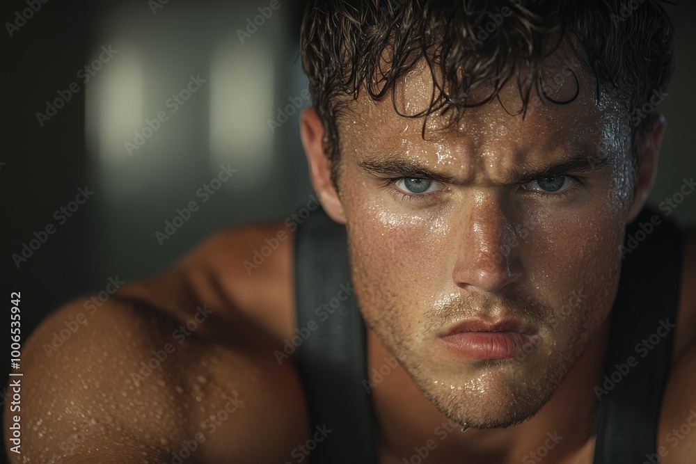 Fototapeta premium A young man with furrowed brows and a determined gaze, faces forward in concentration during a high-intensity exercise session, showcasing raw power and focus.