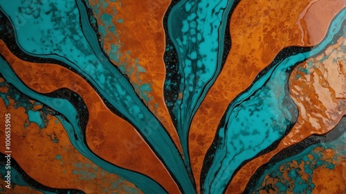 glittery burnt orange and teal abstract pattern on a marbled background, highlighted by black lines 