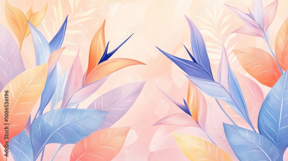 Light pink background, orange and blue leaves, hand-drawn style, delicate lines, watercolor effects. Light pink background, orange and blue leaves, hand-drawn style, delicate lines, watercolor effects.