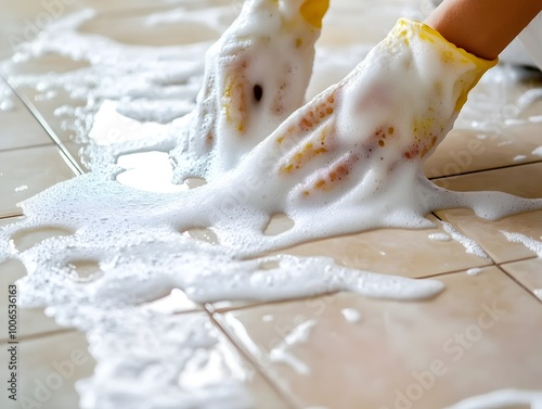 Close up of a professional cleaner s hands intently scrubbing a tiled floor surrounded by soap suds and wearing worn rubber gloves photo