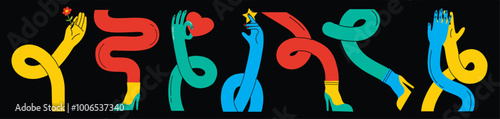 Groovy hippie set of colorful curved funny twisted intertwined legs in different poses. Hand drawn vector colored trendy illustration. Flat design