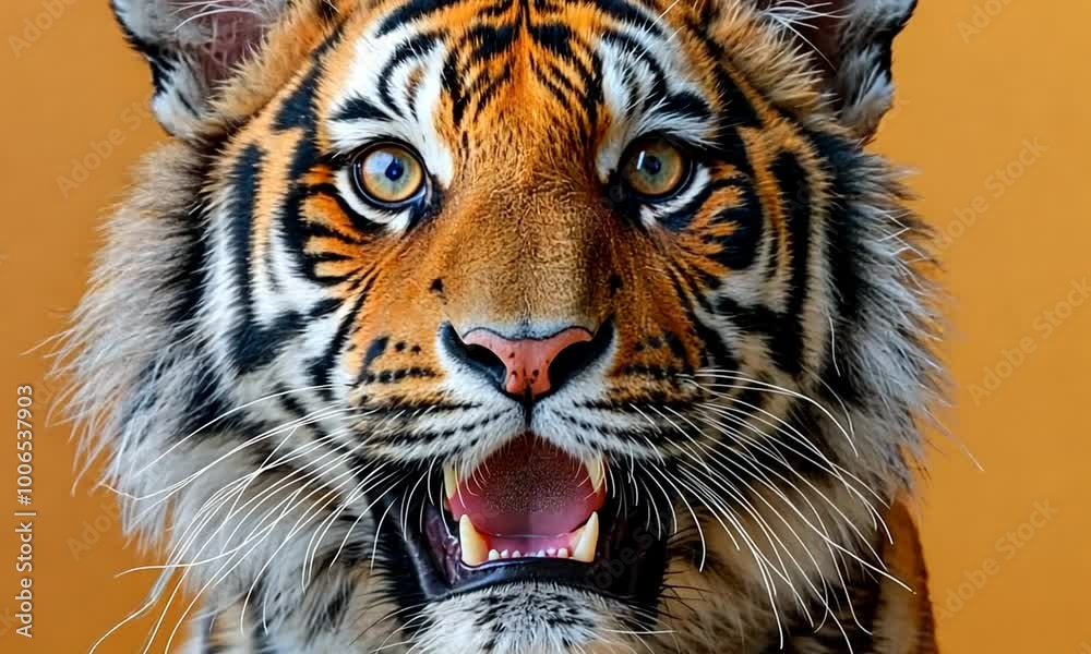 Experience the allure of a stunning tiger, its piercing eyes and vibrant fur on full display against a warm orange background, embodying the beauty of wildlife