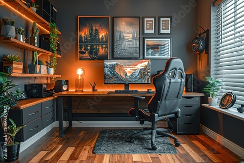 Wallpaper Mural A computer desk with a black chair and a monitor Torontodigital.ca