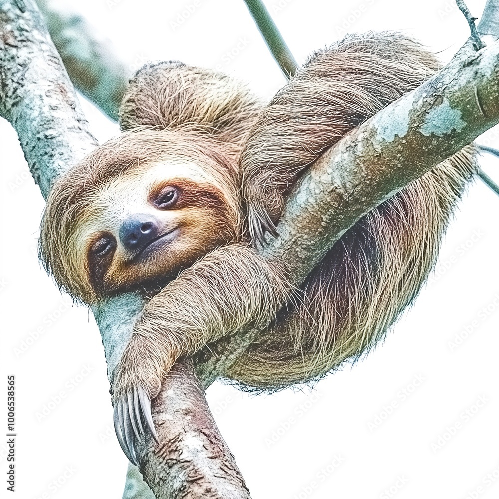 Fototapeta premium Sloth lies and rests on a big branch isolated on white background.