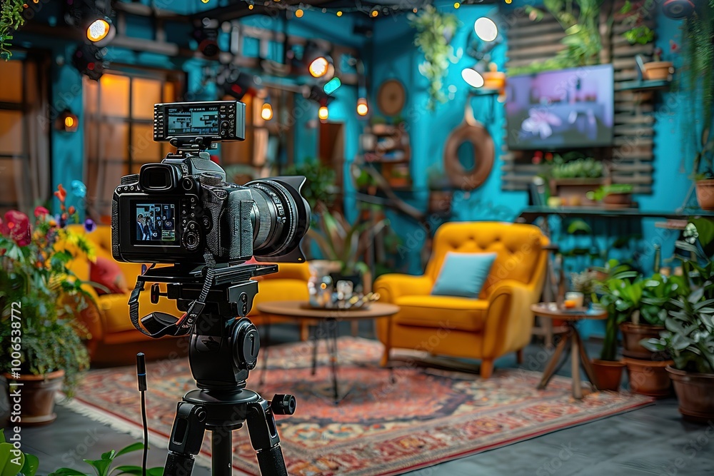 A camera is set up in a living room with a yellow chair and a television A camera is set up in a living room with a yellow chair and a television