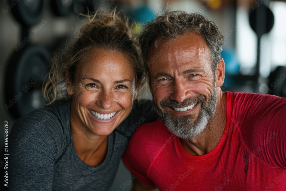 A cheerful couple is smiling at the camera in a gym setting surrounded by exercise equipment, showing a moment of joy amidst their workout routine. A cheerful couple is smiling at the camera in a gym setting surrounded by exercise equipment, showing a moment of joy amidst their workout routine.