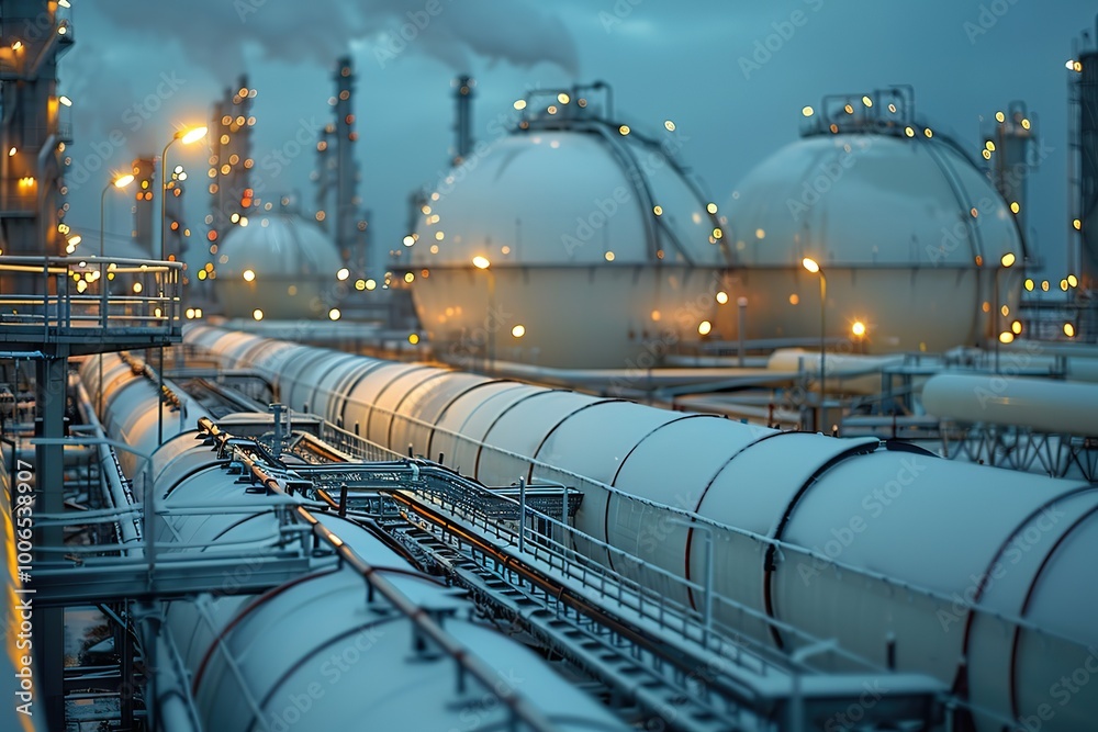 A large industrial plant with many pipes and tanks A large industrial plant with many pipes and tanks
