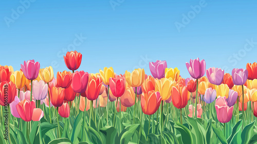 vector illustration of a field of tulips in various colors, capturing the essence of spring with a bright blue sky overhead,