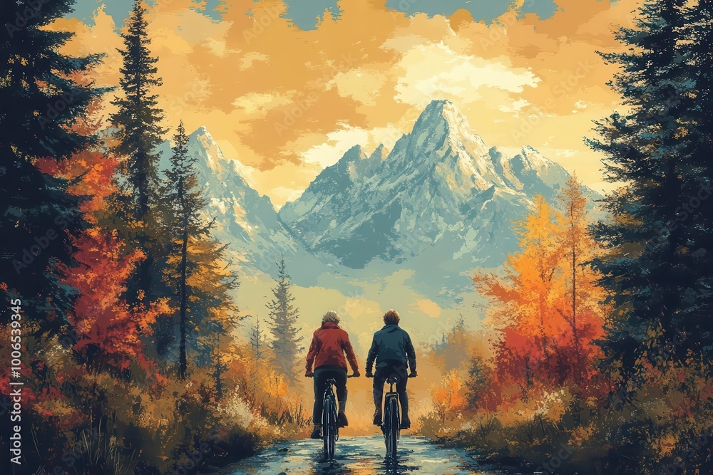 joyful older couple riding bicycles through a lush sunlit landscape embodying the spirit of adventure and exploration in nature on a beautiful day joyful older couple riding bicycles through a lush sunlit landscape embodying the spirit of adventure and exploration in nature on a beautiful day