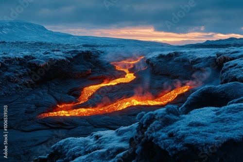 Molten Lava Flow Winding Through a Dramatic Landscape