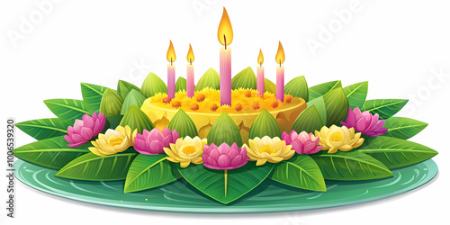 Serene Flat Vector Illustration of a Loy Krathong Floating on Water, Showcasing Detailed Banana Leaves and Flowers for Festivals photo