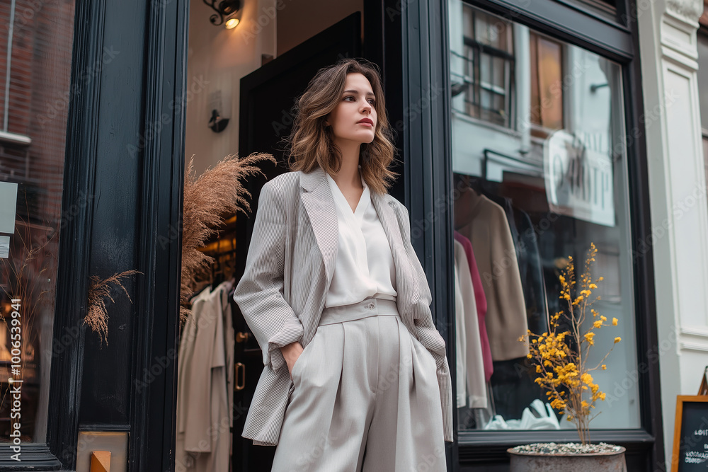 Stylish woman in an oversized blazer and wide-leg pants standing in front of a fashionable city boutique. Stylish woman in an oversized blazer and wide-leg pants standing in front of a fashionable city boutique.