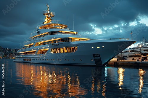 A large white ship is docked at a pier photo