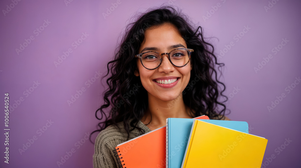 Cheerful young Indian woman with curly hair and glasses smiles brightly, holding colorful notebooks against purple background, embodying student enthusiasm Cheerful young Indian woman with curly hair and glasses smiles brightly, holding colorful notebooks against purple background, embodying student enthusiasm
