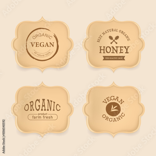Set of Organic and Natural banner. Organic label wood texture. Disposable paper plates on kraft paper background. Eco friendly disposable tableware. Top view.