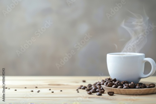 Steaming Black Coffee Cup with Roasted Beans on Rustic Wooden Table






