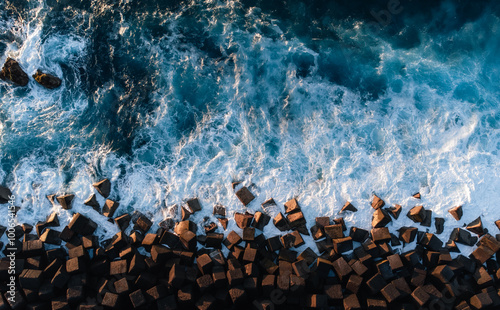 Top view from drone of rocks and cube stones on the beach with big waves in stormy ocean on sunset (orange toned sunlight). Blue Atlantic ocean with azure  water from above - travel concept.