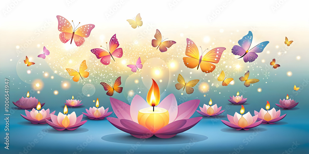 Fototapeta premium Flat Loy Krathong Celebration with Glowing Butterflies on Glossy River � Elegant Vector Design for Festive Messages and Seasonal Promotions