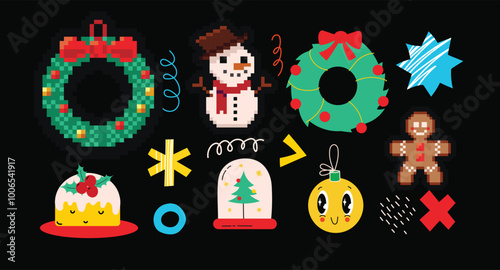 Merry Christmas and Happy New year stickers. Santa Claus gifts coffee heart gingerbread in trendy groovy retro 90s cartoon style. Sticker pack of cartoon characters and elements.