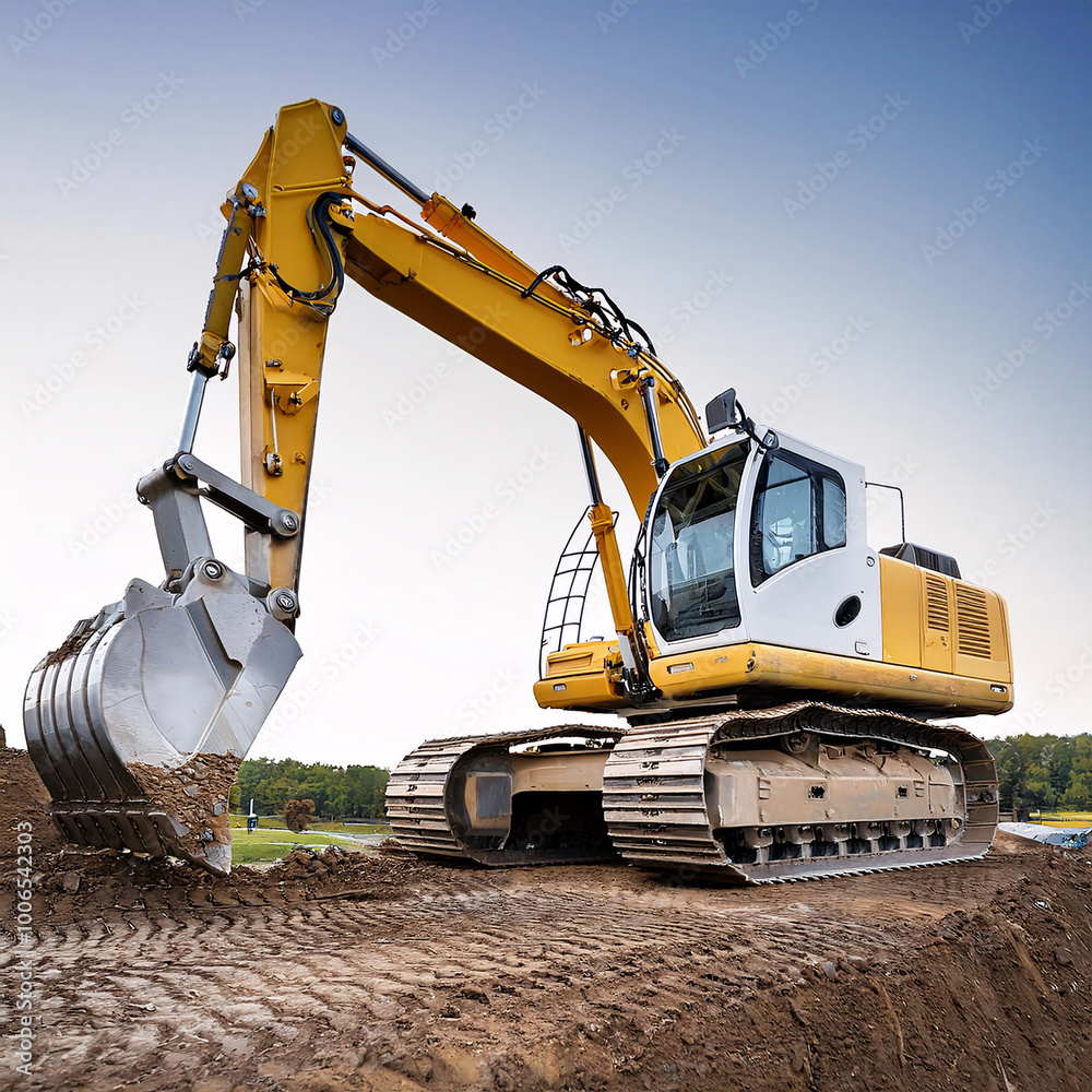 A powerful excavator stands ready in a dirt field under a clear sky