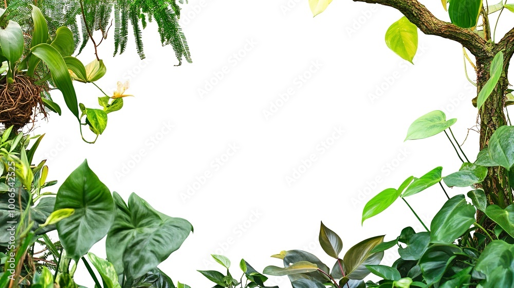 Naklejka premium Nature frame of jungle trees with tropical rainforest foliage plants (Monstera, birdâ€™s nest fern, golden pothos and forest orchid) growing in wild isolated on white background with clipping path. 