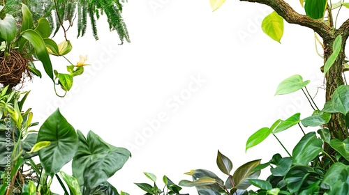 Nature frame of jungle trees with tropical rainforest foliage plants (Monstera, birdâ€™s nest fern, golden pothos and forest orchid) growing in wild isolated on white background with clipping path. 