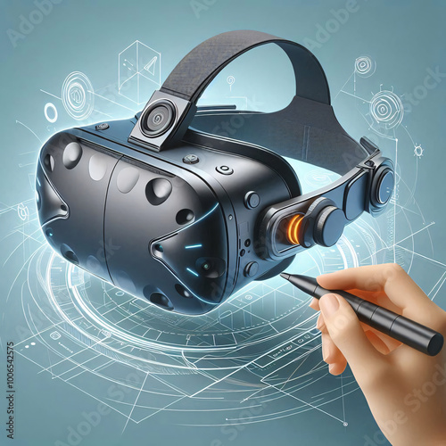 A futuristic VR headset with sleek lines and glowing accents, accompanied by a stylus photo