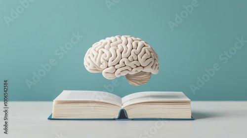 Floating brain above an open book, teal background, conceptual learning and knowledge.