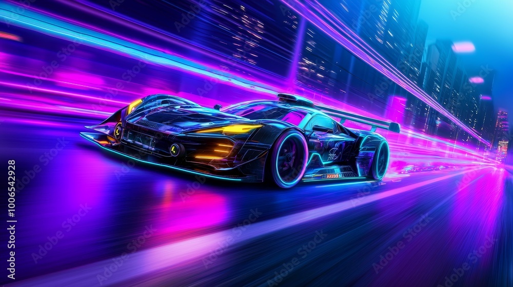 Futuristic racing car in vibrant neon colors on a city street at night