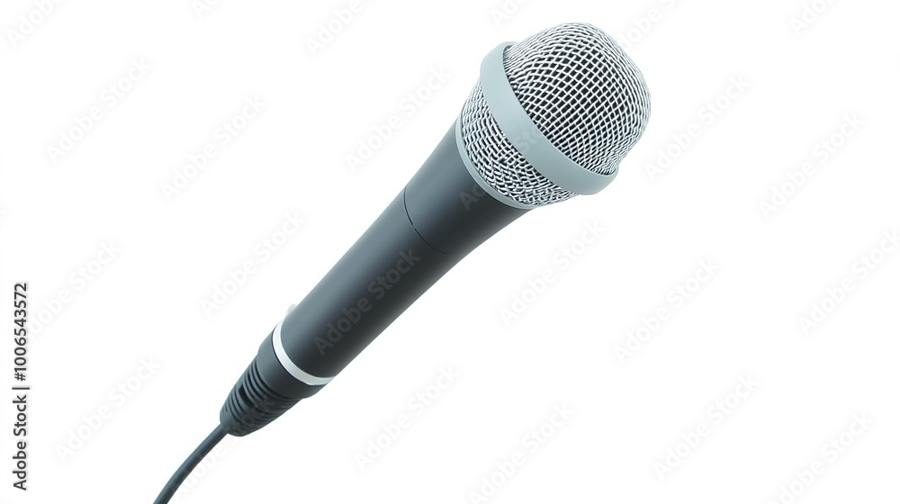 Obraz premium A high-quality microphone designed for professional audio recording, showcasing its sleek and modern aesthetic. The microphone features a mesh grille and a sturdy stand, perfect for capturing crisp