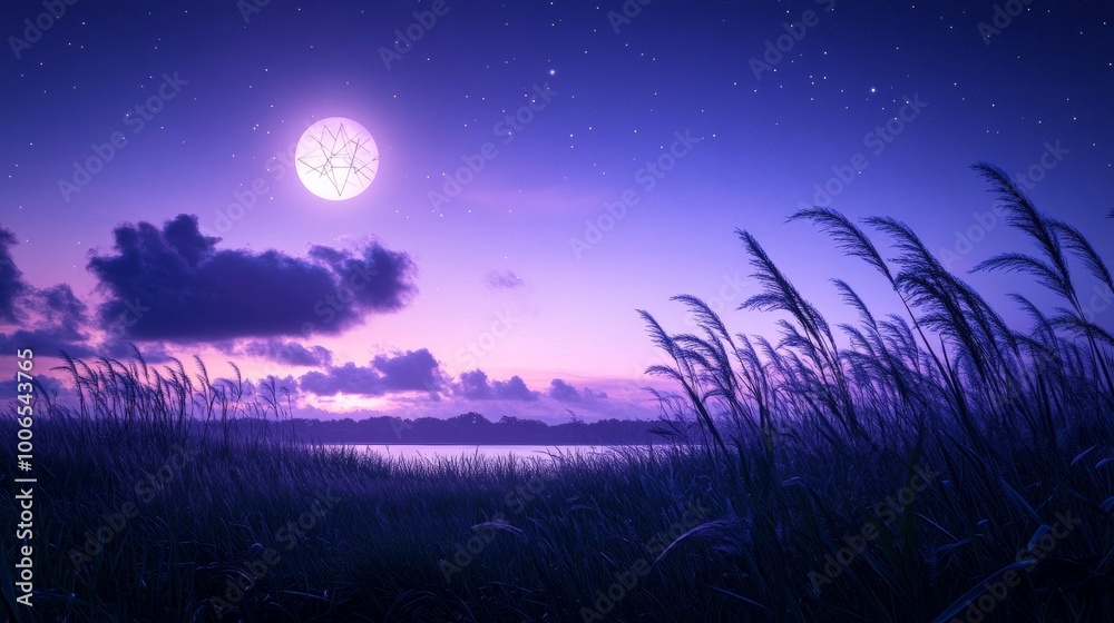 A full moon shines brightly over a tranquil lake, casting an ethereal glow over the tall grass and the night sky. A full moon shines brightly over a tranquil lake, casting an ethereal glow over the tall grass and the night sky.
