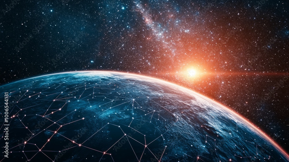 Obraz premium Earth with digital connections and sunrise in the background.