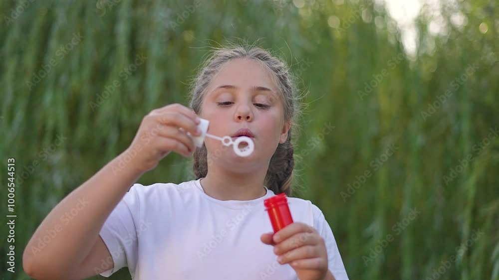 Happy girl play with bubbles in nature. Happy girl blowing bubbles outdoors on sunny day. Fun playtime as girl enjoys bubble play nature. Carefree childhood moment with bubbles surrounded by greenery. Happy girl play with bubbles in nature. Happy girl blowing bubbles outdoors on sunny day. Fun playtime as girl enjoys bubble play nature. Carefree childhood moment with bubbles surrounded by greenery.