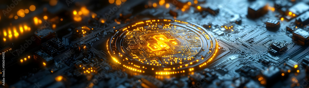 Close-Up Macro Shot of a Glowing Futuristic Currency Coin with Circuit Patterns, Embossed Digital Currency Symbols, Isolated on White Background for Finance and Technology Innovation Concept Close-Up Macro Shot of a Glowing Futuristic Currency Coin with Circuit Patterns, Embossed Digital Currency Symbols, Isolated on White Background for Finance and Technology Innovation Concept