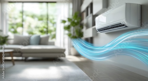 A air conditioner is blowing out blue waves of fresh, cool breeze in the living room, creating an atmosphere full of freshness and comfort.