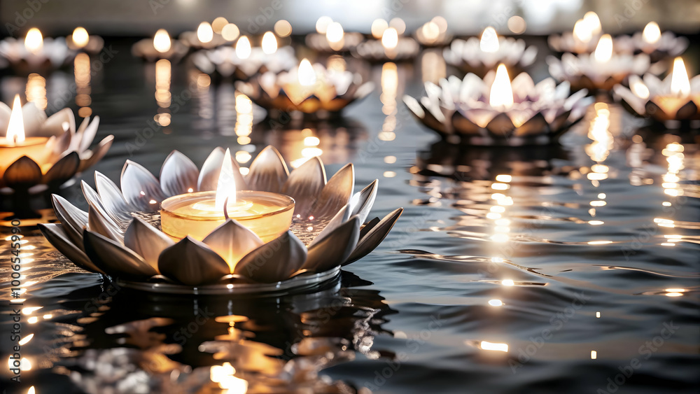 3D Loy Krathong with Glowing Elements and Water Reflections - Capture Floating Lanterns on Water with Ample Copy Space for Messages 3D Loy Krathong with Glowing Elements and Water Reflections - Capture Floating Lanterns on Water with Ample Copy Space for Messages