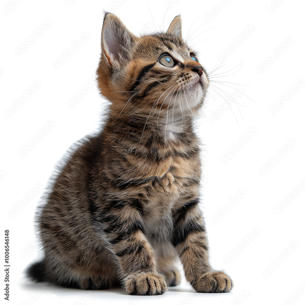 Fototapeta premium A cute little brown fluffy furry cat watching looking up on white background isolated. 